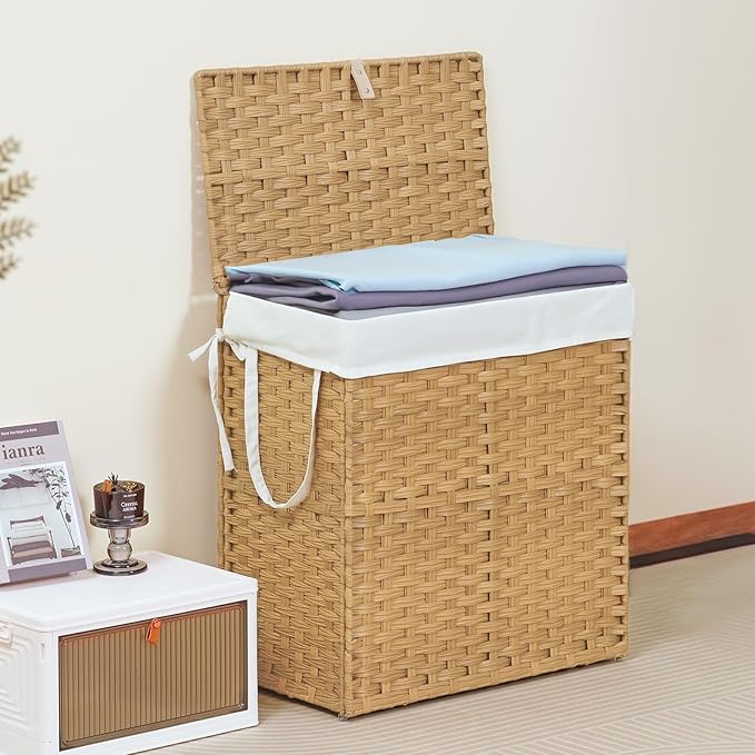 DUMOS Woven Laundry Basket with Lid, 110L Large Capacity Hamper, Removable & Machine-Washable Liner, Foldable Rattan Clothes Hamper, Sturdy Steel Frame, Odor Control, Goose Yellow