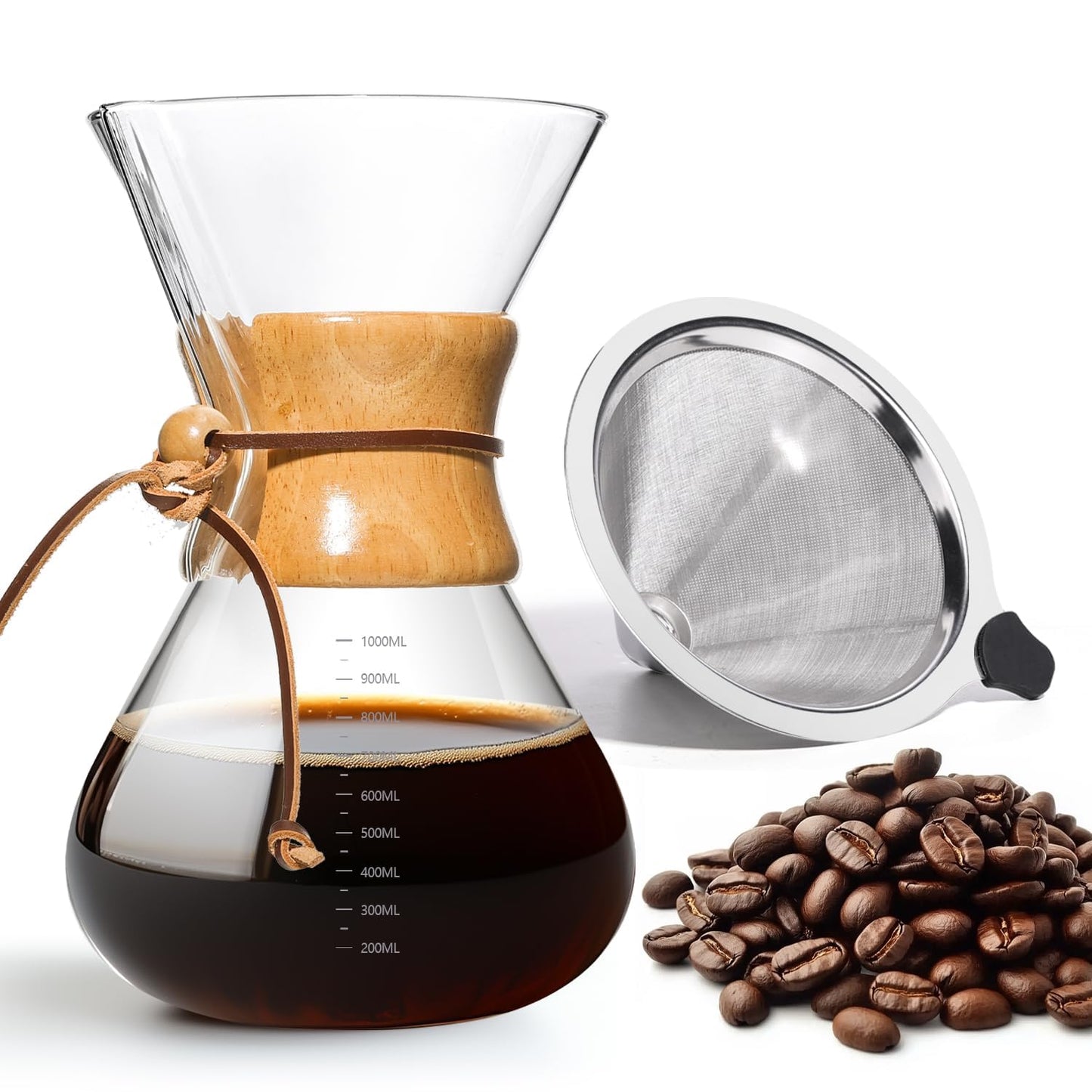 Yopinmall Pour Over Coffee Maker 20 OZ, 6 Cup Borosilicate Glass Drip Coffee Maker with Reusable Stainless Steel Filter and Cork Grip for Home Café 600 ML