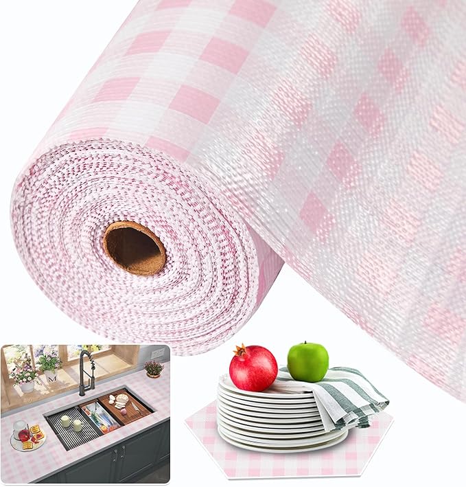 Beautysaid Shelf and Drawer Liner for Kitchen Cabinet, Non Adhesive Non Slip Shelf Paper Waterproof Washable Thickened for Dresser Pantry Shelve Bathroom Protector Liner(Pink Checkered,18 in x 10 FT)