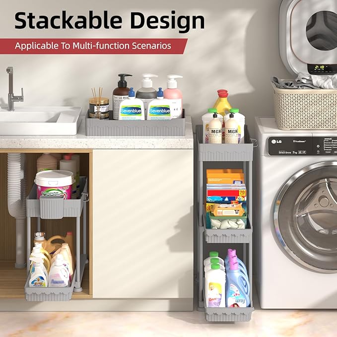 Under Sink Organizer, Bathroom Organizers and Storage, 2 Tier Multi-Use Pull Out Cabinet Organizer with Hang Hooks and Cups (Gray, 4 Pack)
