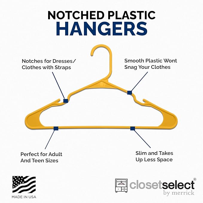 Plastic Hangers 50 Pack - Space Saving Clothes Hangers, Made in USA, Durable & Strong Plastic Shirt & Coat Hanger with Notches & Shoulder Grooves, Non-Slip Hangers | Scoreboard Yellow