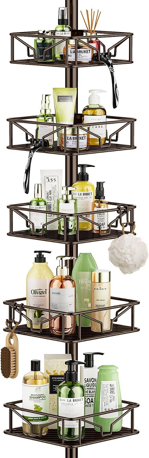Skycarper 5 Tier Adjustable Corner Shower Caddy Organizer with Hooks,Rustproof Tension Pole 62-116 Inch,Bronze