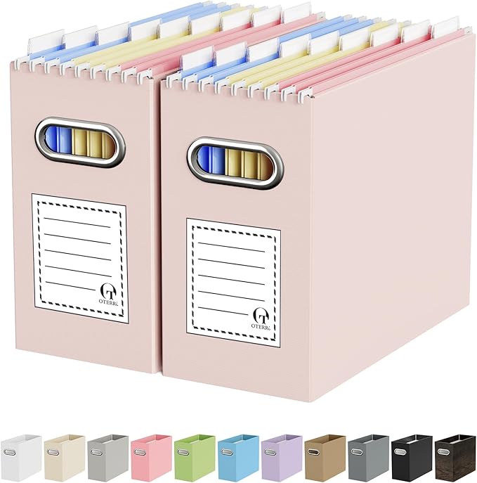 Oterri Cardboard File Organizer Box for Hanging File Folders Letter Size,File Box for Computer Desk,File Cabinet,Working Home,Office,Classroom (Light Pink, Letter Size - 2 Packs)