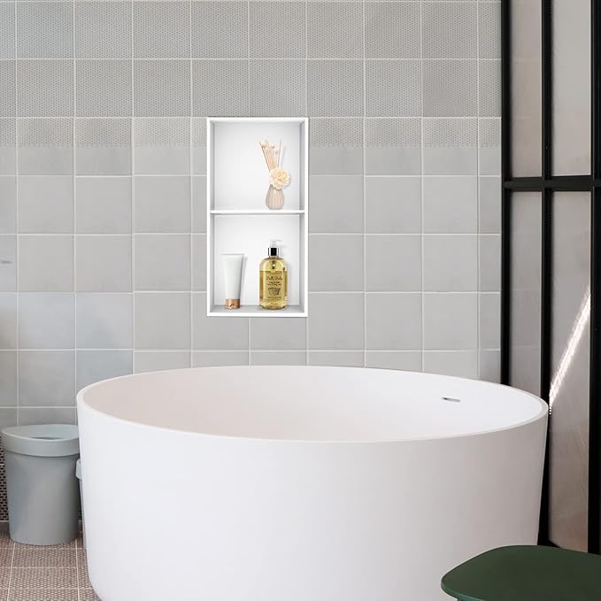Neodrain No Tile Shower Niche, Stainless Steel Wall Niche 13.1"X25.1"(Inner Size 12"X24"), Two-Tier Bathroom Shelf, NO Tile Needed Recessed Storage for Bathroom Storage, White