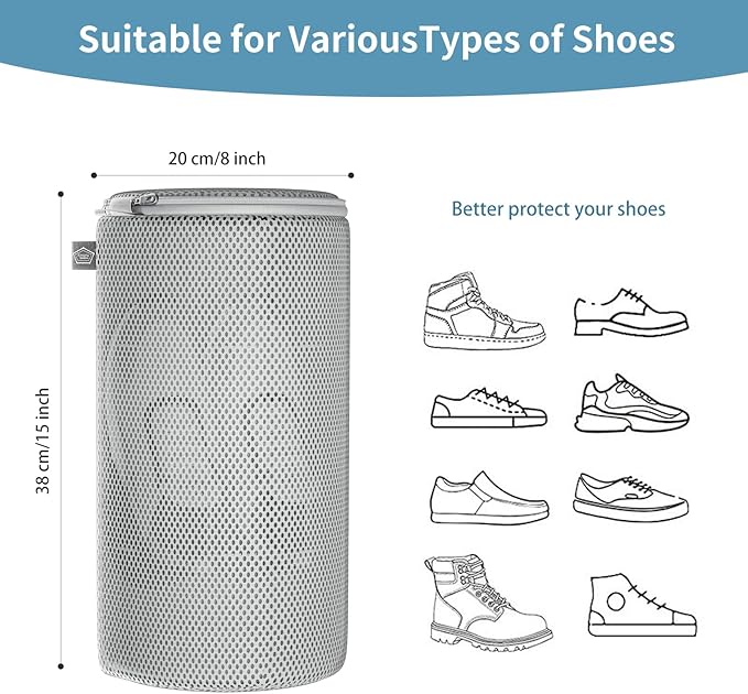 Kimmama Shoe Washing Machine Bag, Shoe Bag for Washing Machine, Mesh Laundry Bags for Sneakers, Footwear, Trainers, Slippers, Grey Sandwish Net, 8x15"