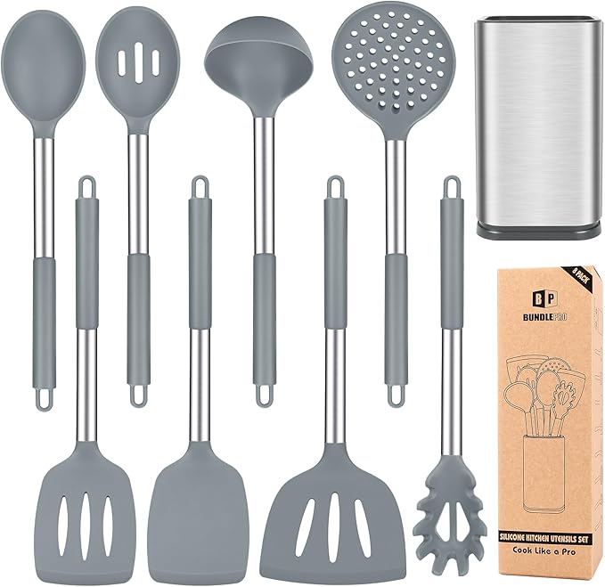 Silicone Cooking Utensils Set, 8 Pcs Kitchen Utensils with Holder, Red