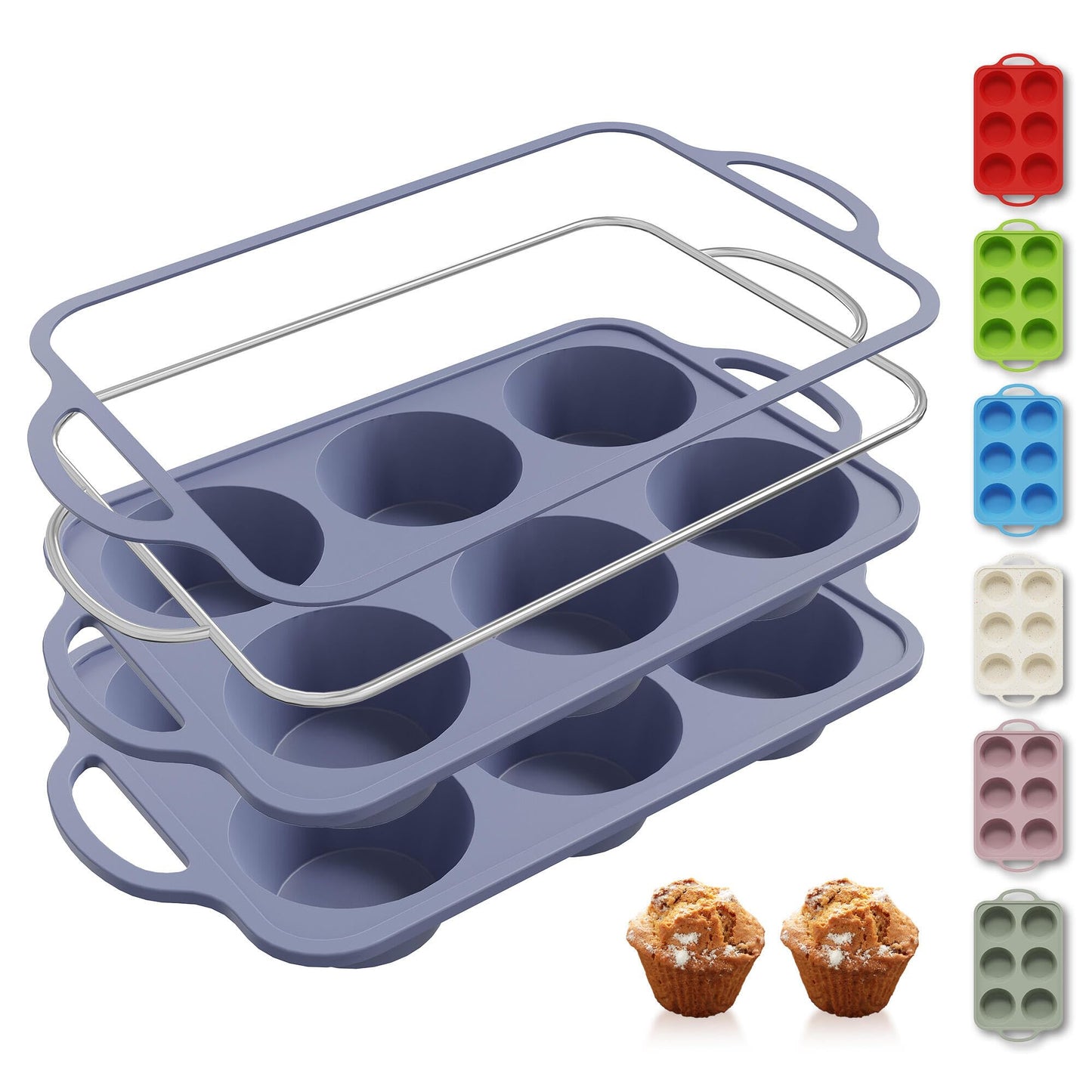 2 Packs 12 Cups Silicone Muffin Pan for Baking with Metal Reinforced Frame Regular Size Cupcake Pan Tray Chocolate Egg Pizza Bites Oven Top Cookie Molds Muffin Tin Tart Pans Sheet Set Bakeware Liner