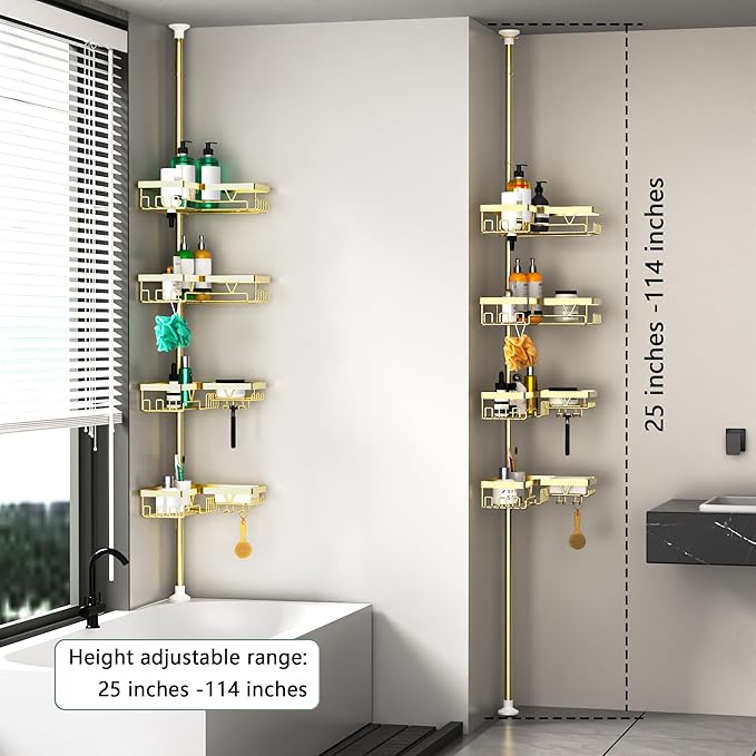 Shower Caddy Tension Pole - Gold Corner Shower Caddy Stainless Steel Bathroom Shower Organizer for Tub Tension Rod Corner Shower Shelves(22-114.2inch)