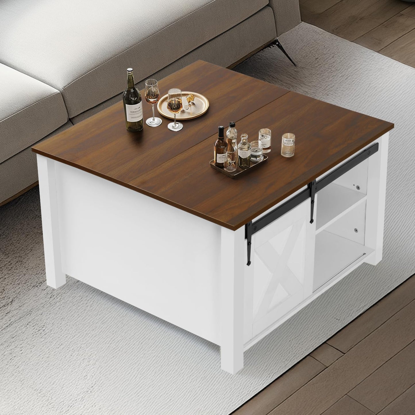 EDWINENE 31.5" Square Coffee Table, White Lift Top Coffee Table for Living Room, Morden Farmhouse Coffee Tables with Hidden Storage for Small Living Room, Bedroom