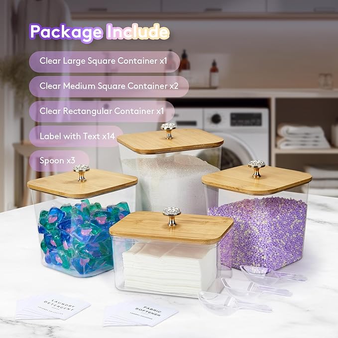 4 Pack Laundry Pod Containers and Dryer Sheet Holder for Laundry Room Organization Acrylic Jars with Lids and Labels for Laundry Detergent Laundry Pods Dry Sheet Organizing