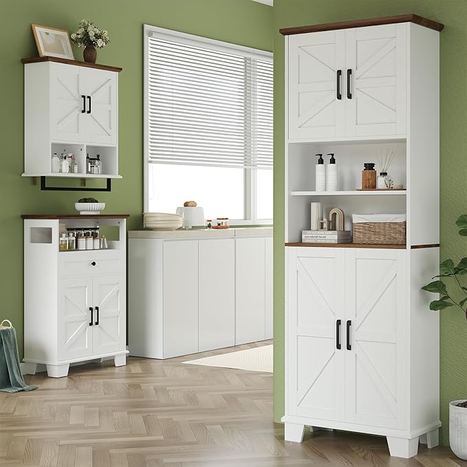 Farmhouse Bathroom Storage Cabinet with Drawer & Adjustable Shelves, White 23.6" Wide Freestanding Floor Cabinet, Barn Door, Sturdy Wood, for Kitchen, Entryway (23.6 * 11.8 * 39.3" (Floor))