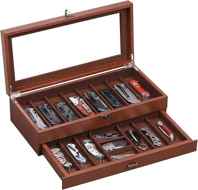 AUTOARK 3-Tier PU Leather & Velvet Knife Organizer with 26 Slots,Transparent Glass Top & Drawer,Compact Storage for Pocket Knives,Ideal for Men's Collections & Gifts,Black,MKAW016