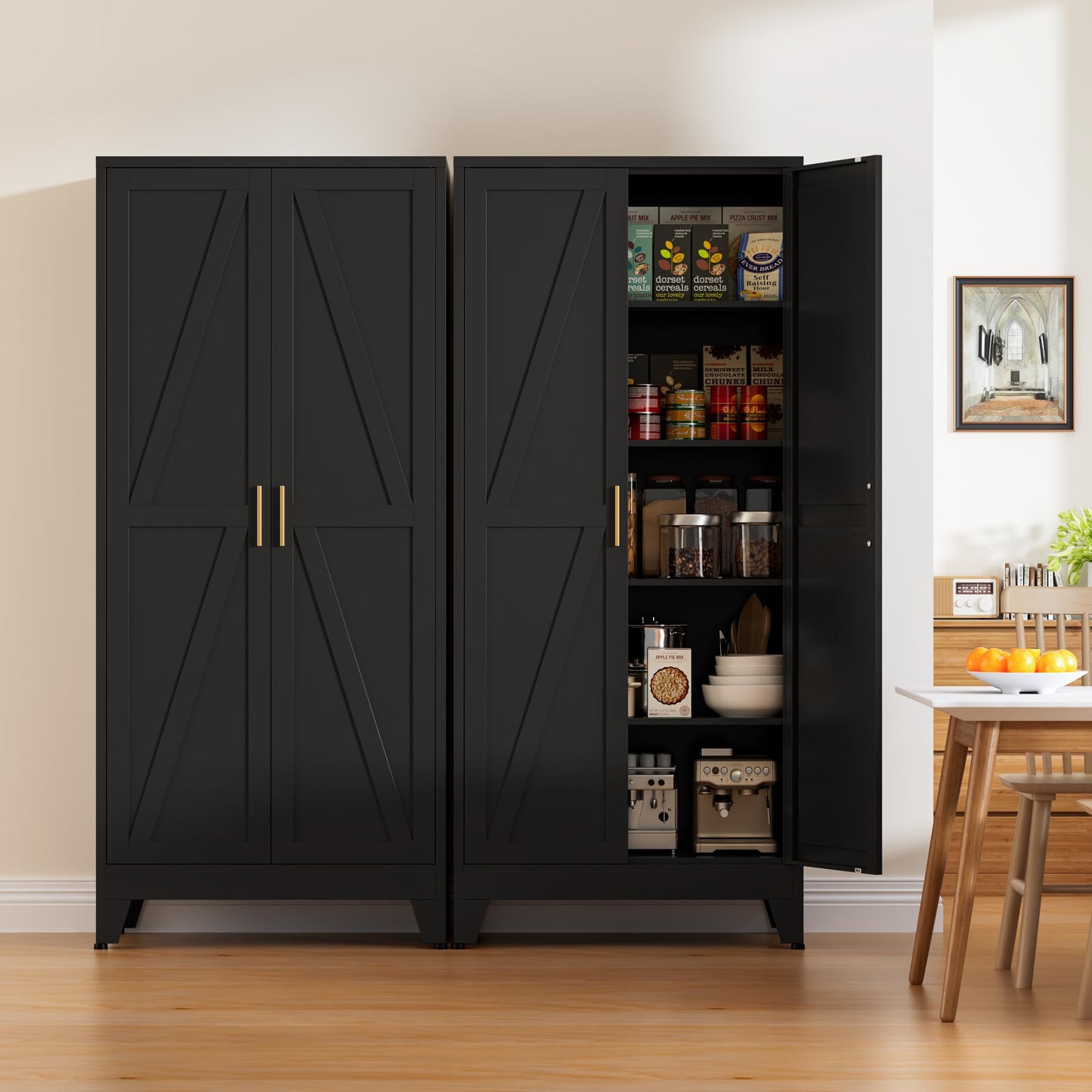 XIOMIOHTRQ 61" Tall Metal Pantry Cabinet, Kitchen Storage Cabinet with 2 Doors and 3 Adjustable Shelves for Kitchen, Living Room, Dining Room, Bathroom and Home, Office