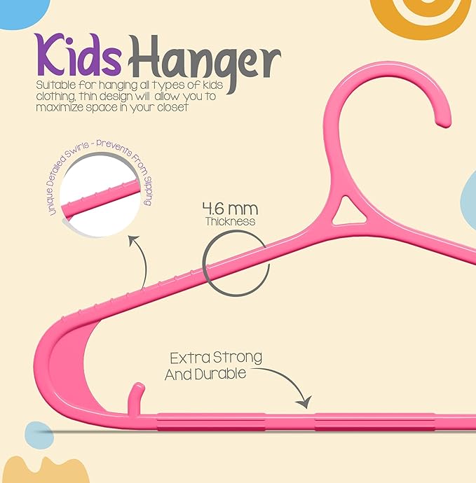 Utopia Home Kids Hangers 60 Pack - 11 Inch Plastic Baby Hangers for Closet - Childrens Hanger for Clothes & Infant Hanger for Closet - Non-Slip Shoulder Grooves, Strap Hooks & Pants Bar (Pink)