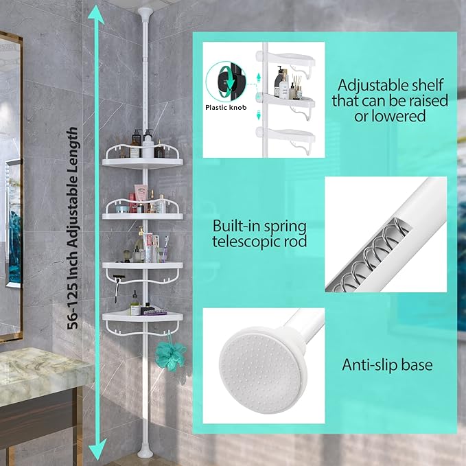 Shower Caddy Tension Pole with 4 ABS Baskets,Shower Storage Shelf with 56 to 125 Inch Adjustable Stainless Pole for Bathroom White