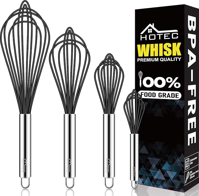 HOTEC 4 Pieces Silicone Whisks Set, Wire Balloon Whisks for cooking Egg Beater, Non-slip Handle Whisk for Non-stick Cookware Perfect for Cooking, Stirring, Beating and Blending,Multicolor