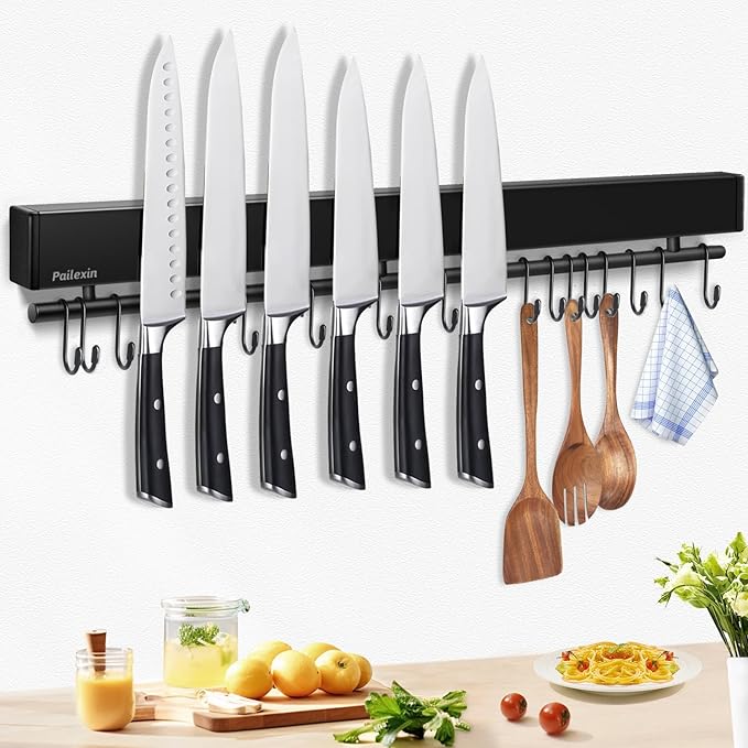 Pailexin 20 inch magnetic knife holder with 10 hooks, no drilling knife magnetic strip, and utensil hanger for wall. Powerful knife magnet rack includes tape and screw