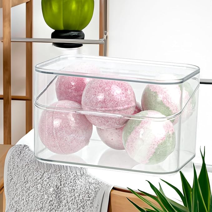 Clear Bathroom Organizer, 2-Size Essentials Set for Hail Accessories & Beauty Supplies,Cotton Swabs,Balls,Pads - Small Clear Plastic Canister Apothecary Jar Set, Vanity Makeup Storage Organizer (L+2S)