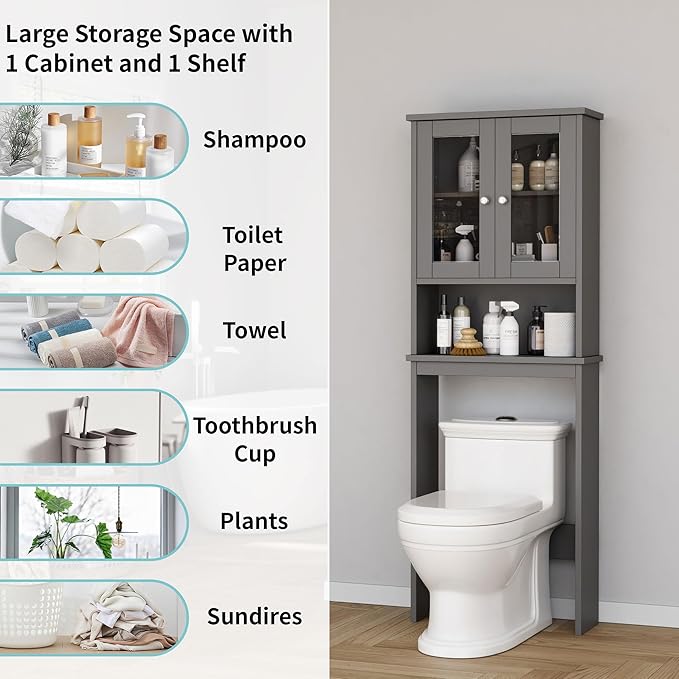 Shintenchi Over The Toilet Storage Cabinet, Bathroom Shelf Organizer with Anti-Tip Device Small Freestanding Space Saver with Adjustable Shelf and Glass Door, Gray