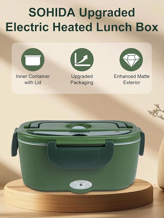 2025 Upgraded 80W Heated Lunch Box with Insulated Bag, 1.5L SS Container with Lid & 0.45L Fruit Box Electric Lunch Box for Adults, 12V/24V/110V Portable Food Warmer for Home/Car/Truck (Green)