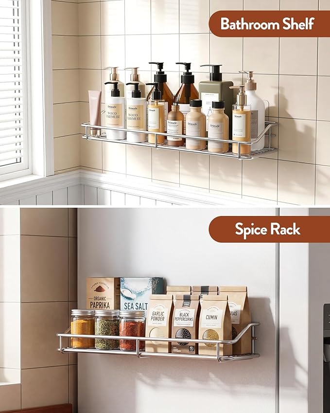 Orimade Bathroom Shelf Organizer Shower Caddy Storage Kitchen Rack with Traceless Transparent Adhesive No Drilling SUS304 Stainless Steel, 15.75 inch, Silver