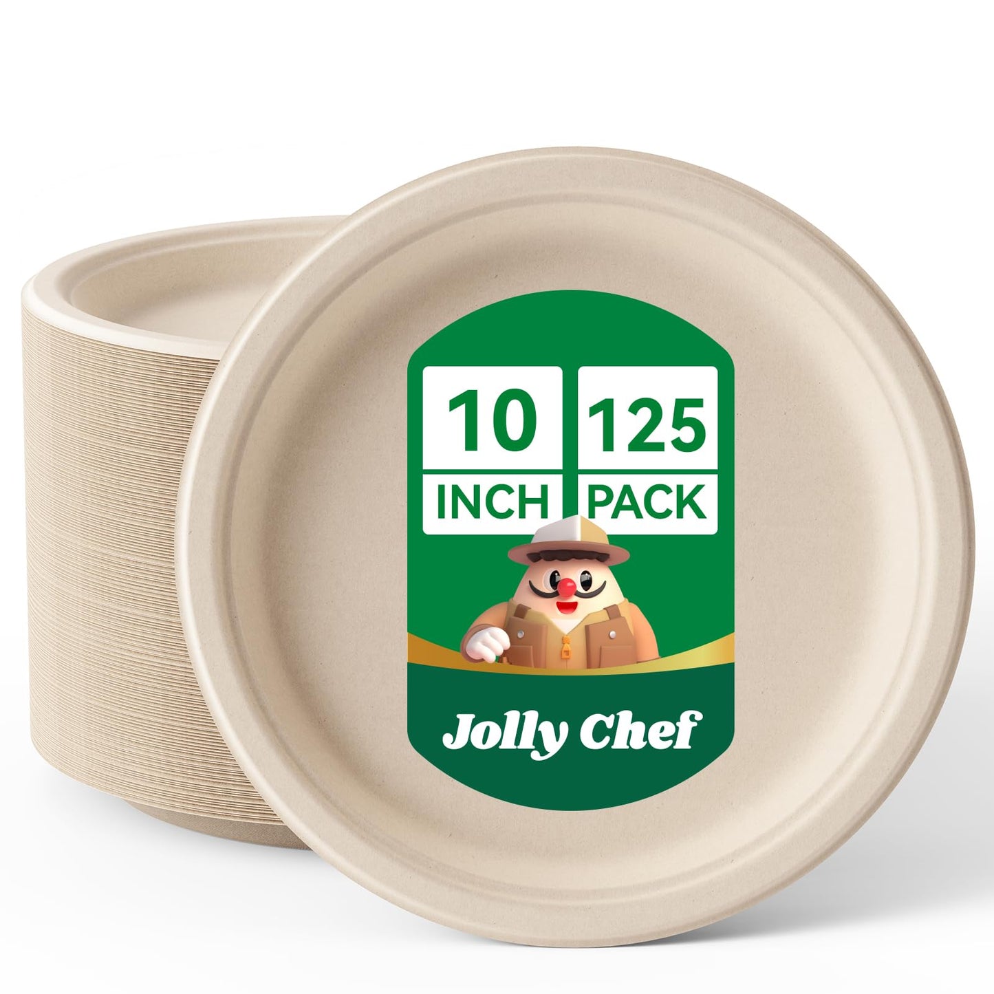JOLLY CHEF Compostable Heavy Duty Plates 𝟭𝟬 𝗜𝗻𝗰𝗵 [𝟱𝟬𝟬 𝗣𝗮𝗰𝗸] Eco-Friendly Disposable Paper Plates Natural Bagasse Biodegradable Sugarcane Bulk for Party Hot Cold Dinner Christmas (Brown)