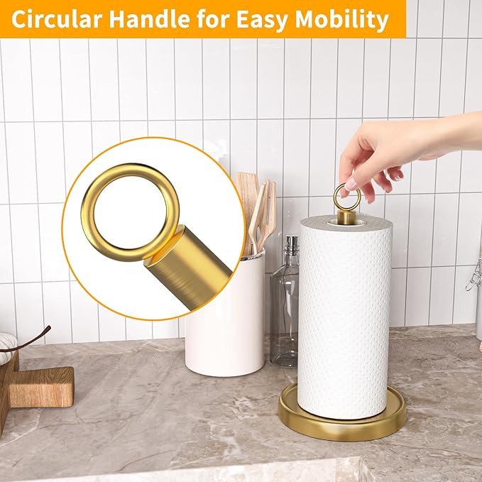 Gold Paper Towel Holder Countertop, Gold Kitchen Accessories Decor, Stainless Steel, Weighted Base, Paper Towel Stand for Bathroom Farmhouse Essentials