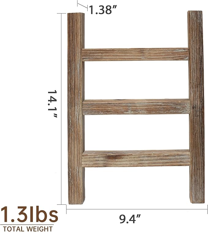 FUIN Wooden Tea Towel Ladder, Mini Ladder Towel Rack Display Hanger, Small Rustic Farmhouse Tea Towel Stand Holder for Country Bathroom Decor, Burnt Brown