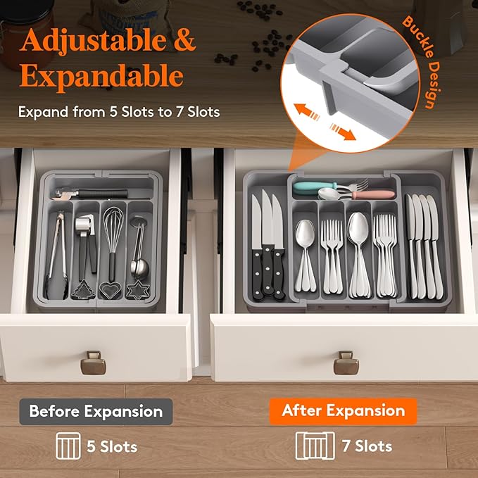 Lifewit Silverware Drawer Organizer, Expandable Utensil Tray for Kitchen, BPA Free Flatware and Cutlery Holder, Adjustable Plastic Storage for Spoons Forks Knives, 8.9-14.7 x 12.2", Gray