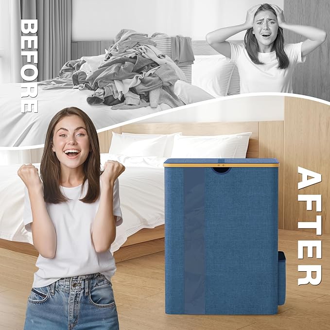 BlissTotes Laundry Basket with Lid, 150L Clothes Laundry Hamper with Handles and 2 Removable Laundry Bag, Breathable Design Hamper with Lid for Bedroom, Bathroom, Dorm, Laundry Room - Light Blue