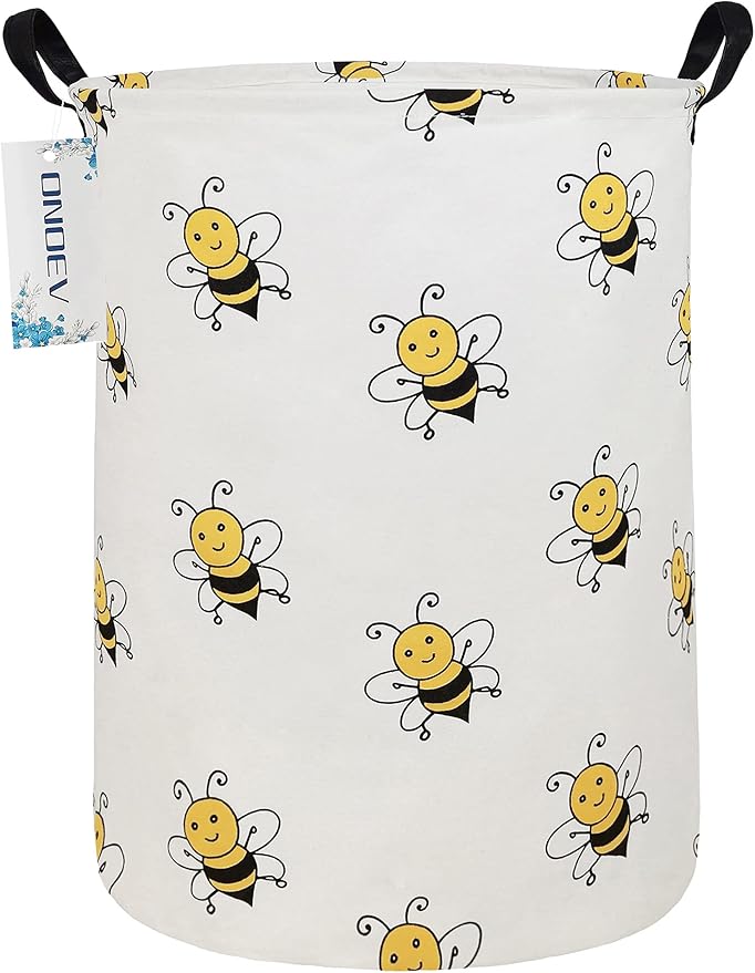 Round Folding Laundry Hamper, Canvas Basket,Nersury Hamper,Suitable for Children,Office,Bedroom,Clothes,Toys Storage（Bee）