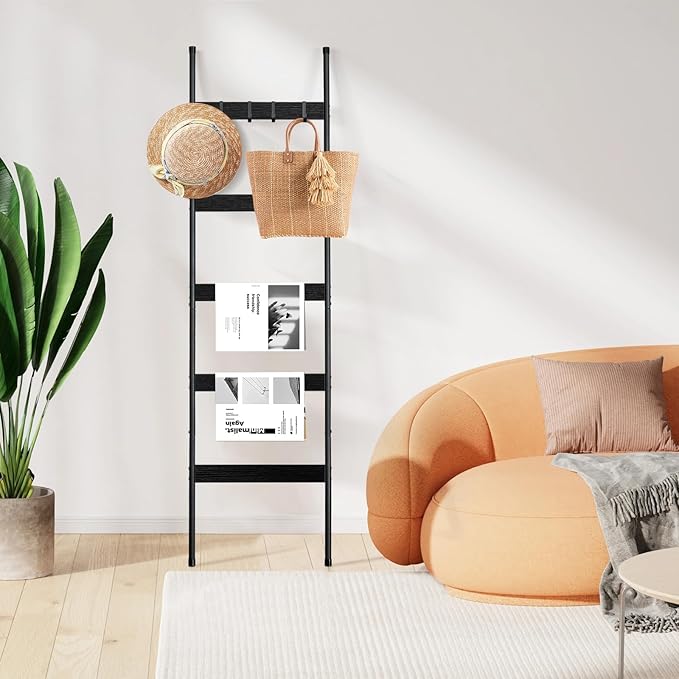 ELYKEN Blanket Ladder for Living Room, Farmhouse 5-Tier Quilt Holder with 4 Removable Hooks for Bathroom, Wood Towel Rack Display, Wall Anchor Leaning Decorative Stand for Home, Black