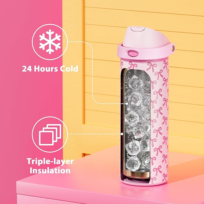 24 oz Insulated Water Bottle for Women: Meoky Stainless Steel Metal Water Bottle with 2-in-1 Straw and Spout Lid - Leak Proof, Cold for 24 Hours, Protective Silicone Base, BPA-Free for School, Bow