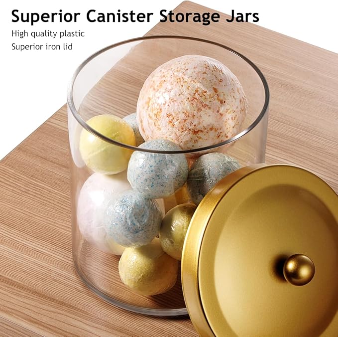SheeChung 4 Pack 50 Ounce Large Clear Apothecary Jar with Gold Rust-Proof Lid - Shatterproof Plastic Storage Canister - Modern Luxury Bathroom Vanity & Laundry Room Organizer for Pods, Bath Salts