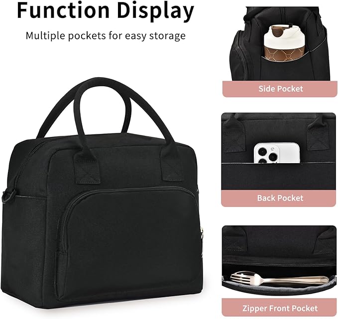 Lunch Bag Women Lunch Box for Women Adult Cute Insulated Lunch Bag Lager Cooler Lunch Tote Bags for Work Picnic (Black)