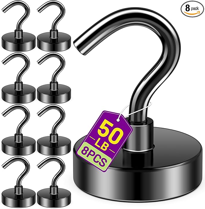 Magnetic Hooks for Cruise Cabins, 50lbs Black Magnetic Hooks for Classroom, Locker Magnets, Cruise Magnets for Grill, Office, Home, Fridge, Kitchen Accessories, 8 Pack