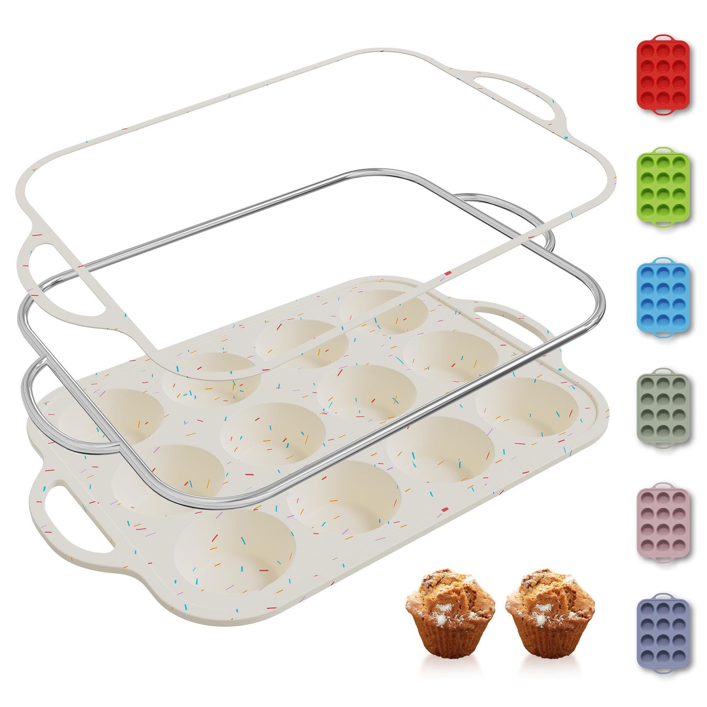 2 Packs 12 Cups Silicone Muffin Pan for Baking with Metal Reinforced Frame Regular Size Cupcake Pan Tray Chocolate Egg Pizza Bites Oven Top Cookie Molds Muffin Tin Tart Pans Sheet Set Bakeware Liner