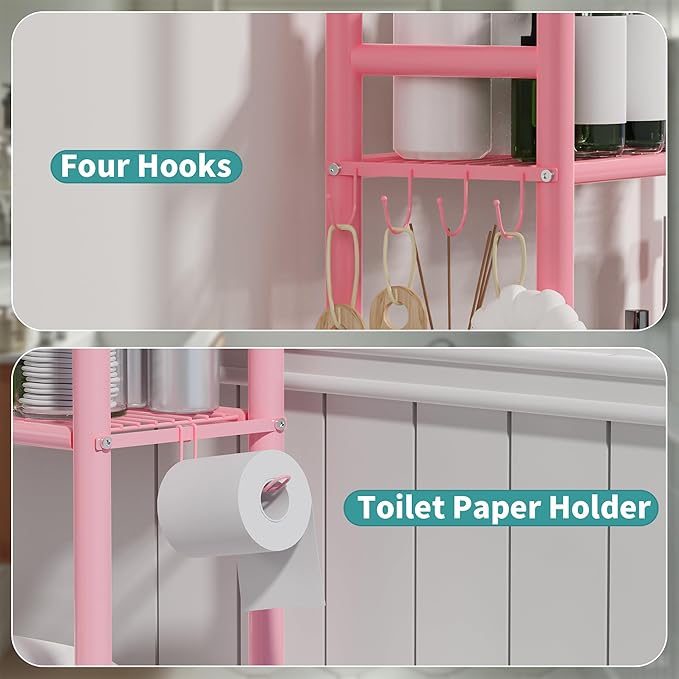3-Tier Over The Toilet Storage with Paper Holder, Metal Bathroom Organizers and Storage for Small Space, Freestanding Bathroom Shelves with 4 Hooks, Above The Toilet Storage Shelf (Pink)