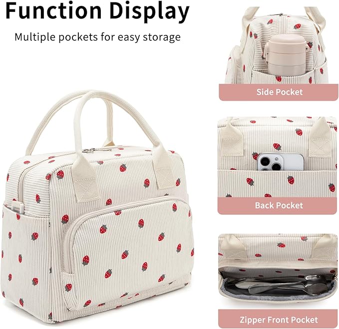 Lunch Bag Women Lunch Box for Women Adult Cute Insulated Lunch Bag Lager Cooler Lunch Tote Bags for Work Picnic (Light Yellow-Strawberry)