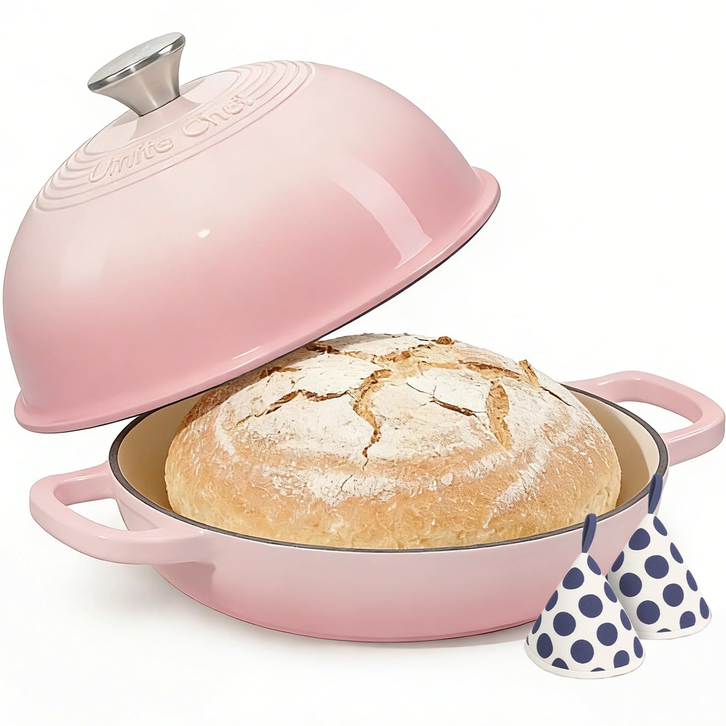 Enamelled Cast Iron Dutch Oven Pot – Dutch Oven Pot with Lid For Sourdough Bread Baking – Cast Iron Bread Oven – Red, Umite Chef 6QT Pot with Lid & Cotton Potholders