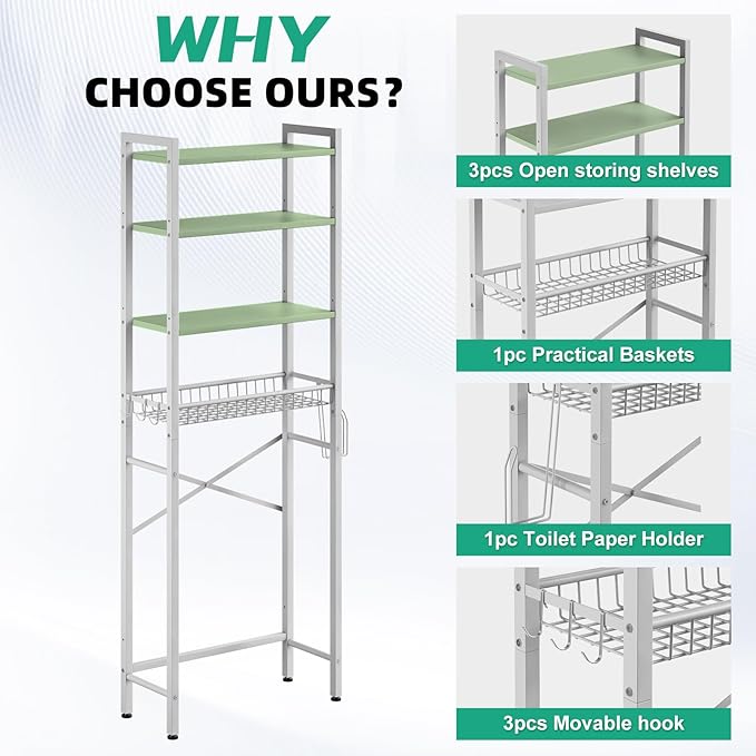 Over-The-Toilet Storage Rack, 4-Tier Bathroom Organizer Shelf Over Toilet with Adjustable Shelf and Basket, Freestanding Space Saver Bathroom Shelves Above Toilet for Room (Avocado Green)