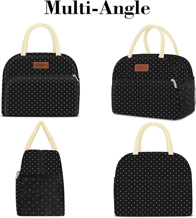 Coobiiya Lunch Bag Women,Lunch Box LunchBag for Women Adult Men, Small Leakproof Cute Lunch Tote Large Capacity Reusable Insulated Cooler Lunch Container for Work/Office/Picnic/Travel-Black Polka Dot