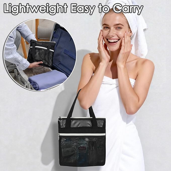 Mesh Shower Caddy Portable Shower Bag for Travel, Gym, Camping – Quick-Dry Hanging Toiletry Organizer with Zipper Pockets for Bathroom Essentials,Black