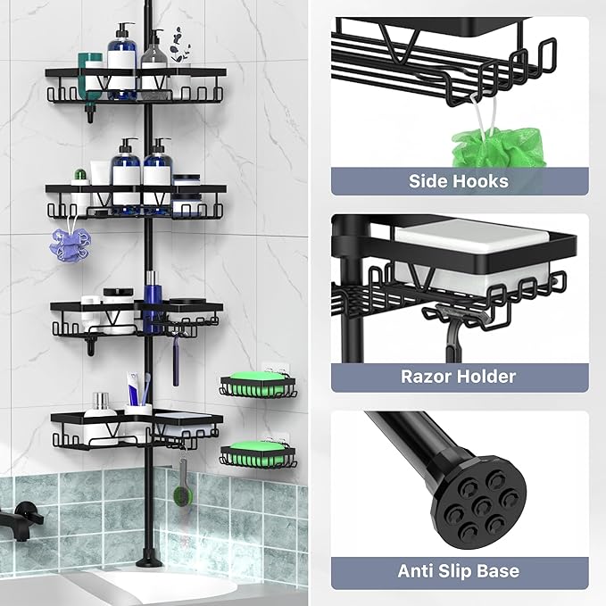 Tension Pole Shower Caddy Corner with 2 Soap Holders, 4 Tier Bathroom Shower Organizer Floor to Ceiling 25-114 inch, Adjustable, Multiple Hooks, Stable Base, Rustproof, Black