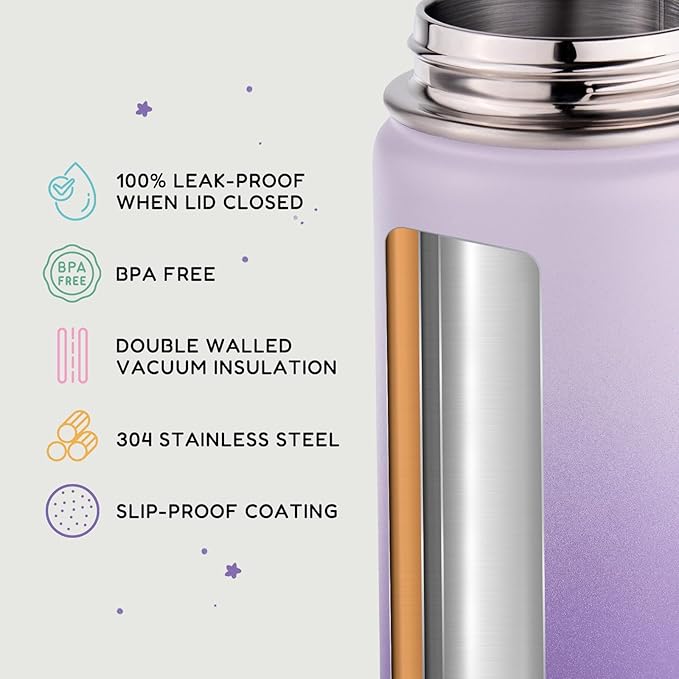 12oz Kids Water Bottle for School, Toddler Bottles with Straws, Stainless Steel Vacuum Insulated Water Bottle for Boys&Girls, Leak-Proof, BPA-Free, Lavender