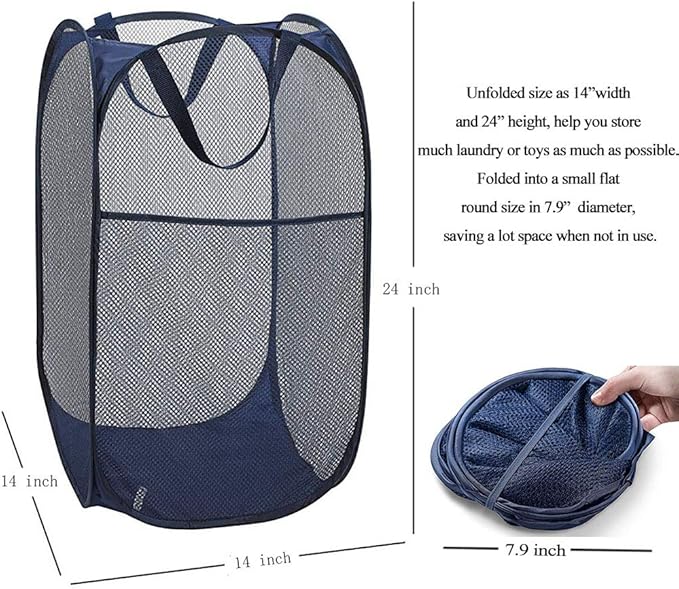 Larpur Popup Mesh Laundry Basket, Collapsible Clothes Washing Laundry Hamper with Reinforced Carry Handles, Portable Foldable Dirty Clothes Hamper for Home Dorm Cruise Travel (Blue)