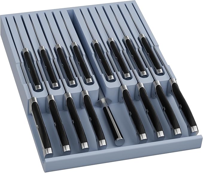 Domax Knife Drawer Organizer Insert Bamboo for 12 Knives, Gray