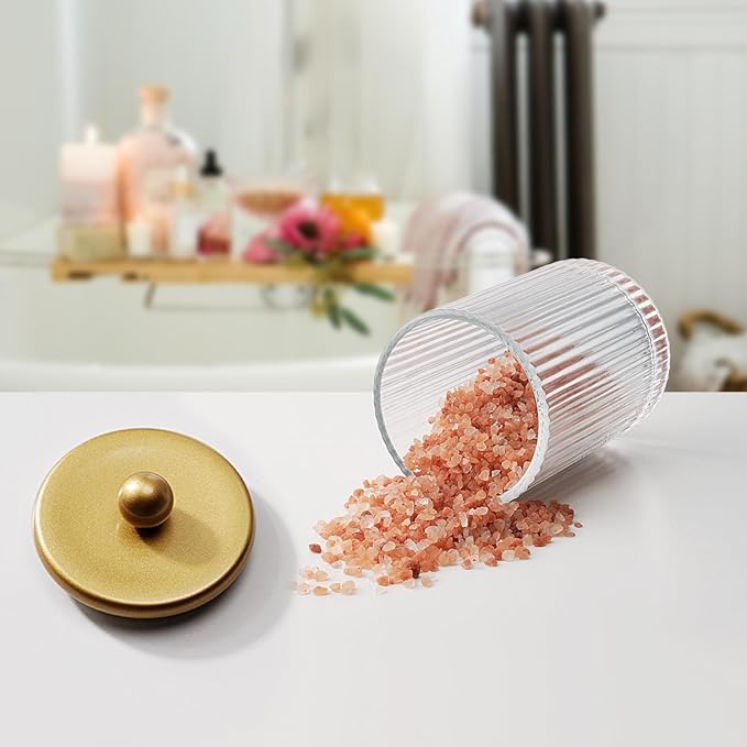 SheeChung 2-Pack Gold Ribbed Glass Qtip Holder - Apothecary Jars Bathroom Organizer with Metal Lids - Countertop Vanity Canister Set for Cotton Swabs, Rounds, Floss Picks-Modern Luxury Decor