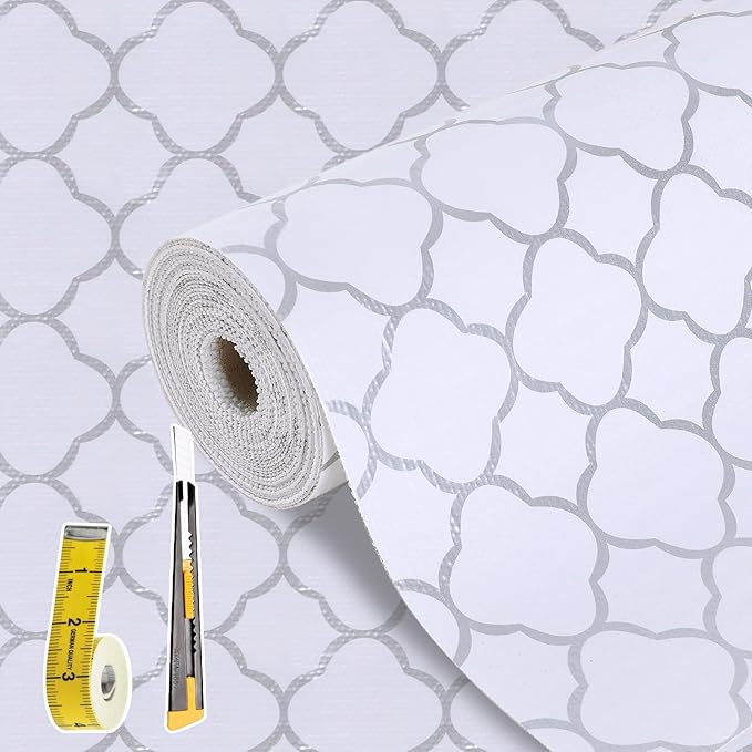 Shelf Drawer Liners for Kitchen Cabinets Non Adhesive Drawer Liner Thickened Refrigerator Liner Silver Quatrefoil Strong Non-Slip Paper for Tool Box with Knife and Tape Measure,23.6 x 354.3 Inches