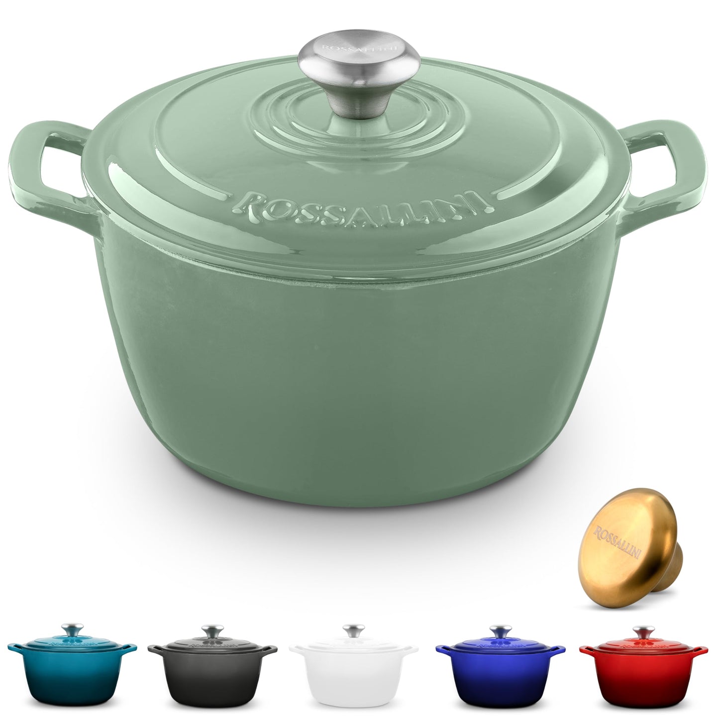 ROSSALLINI Signature Enameled Cast Iron Dutch Oven, Non-Stick Serving Pot with Tight Fitting Lid for Perfect Roasting, Baking, Sauteing, and Bread Making | 7.4Q (7L) - Indigo Blue